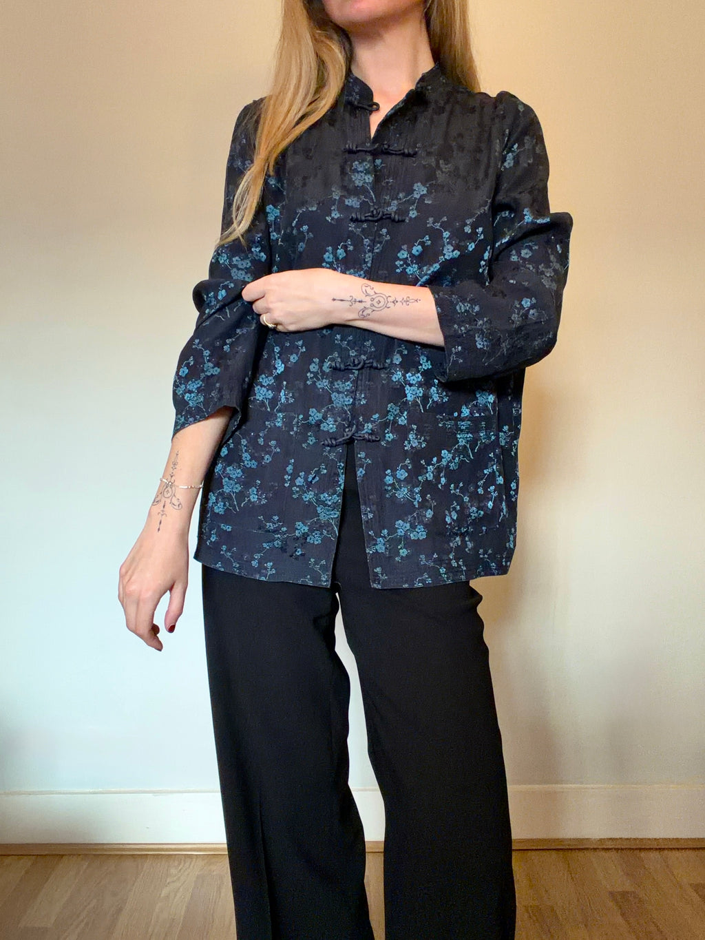 Silk-blend floral blue shirt