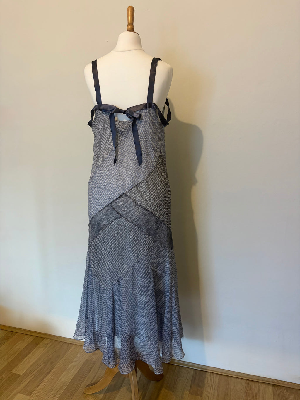 Silk ribbon detail grey dress