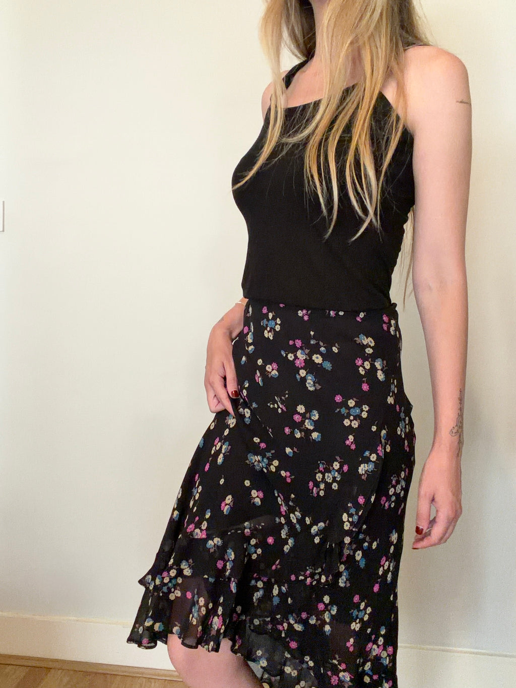 100% silk black floral skirt