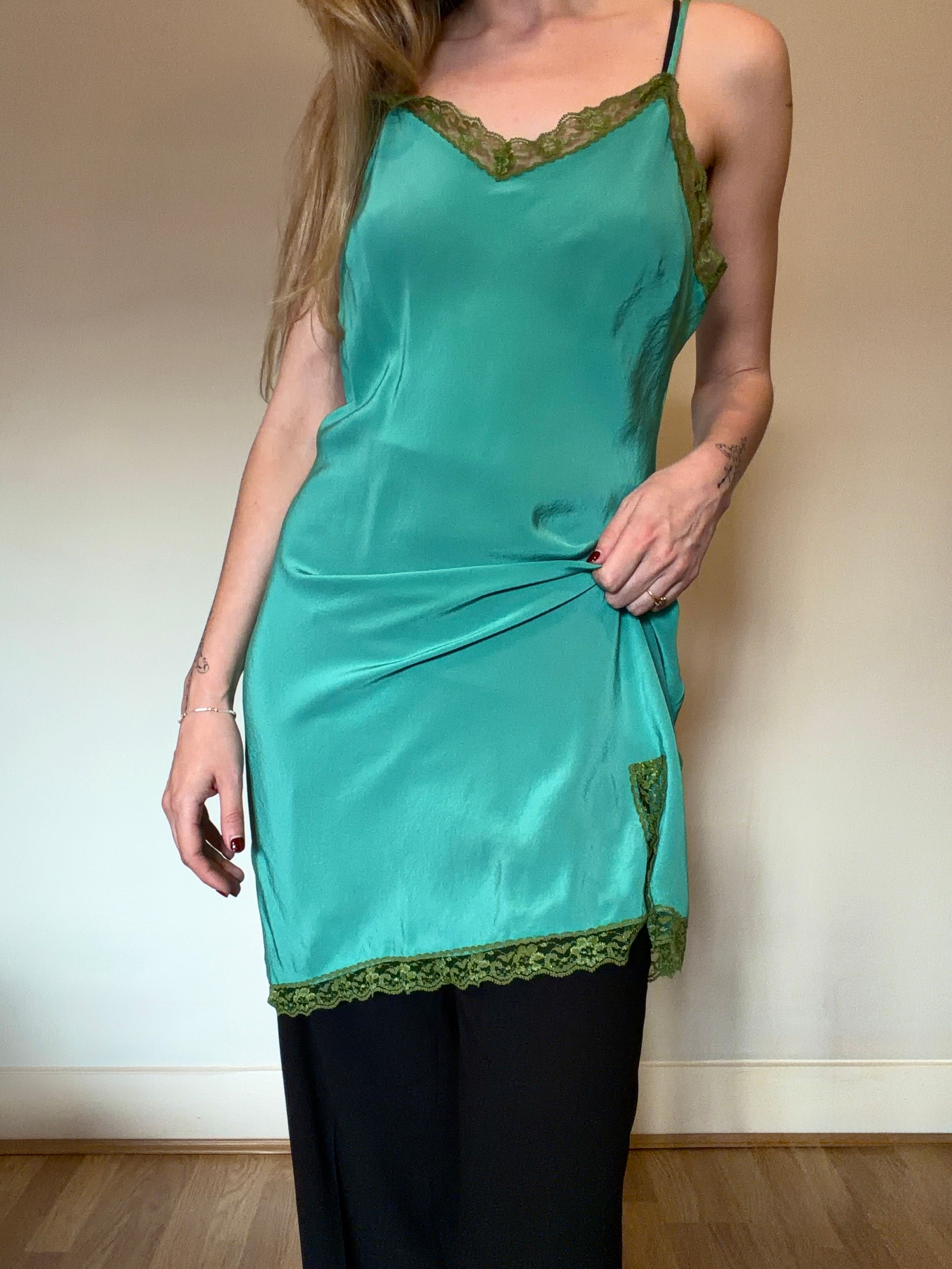 100% silk teal slip dress