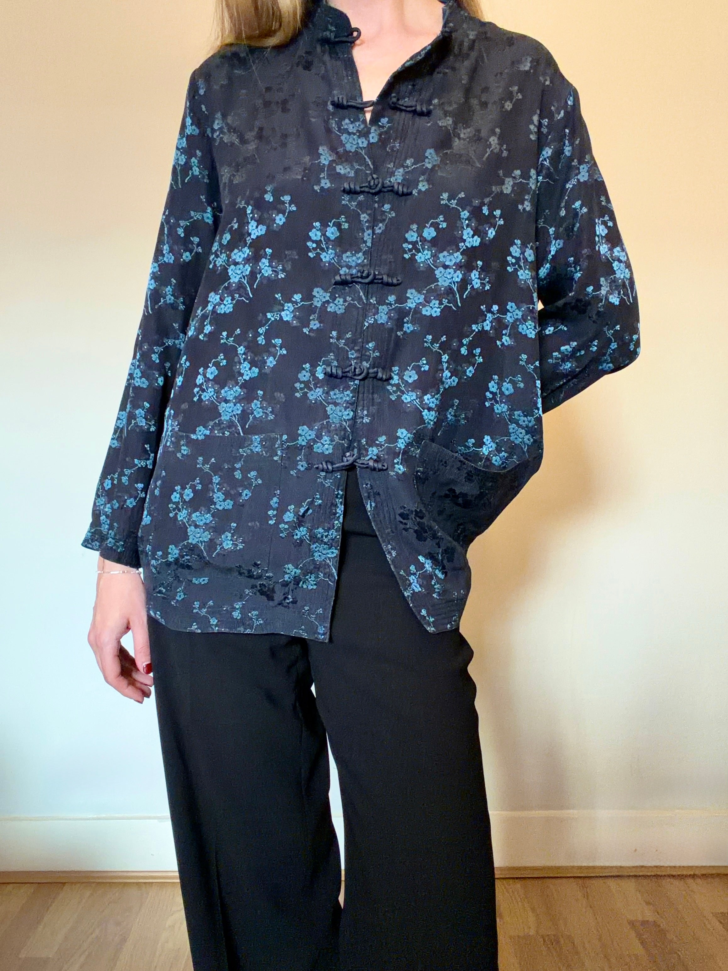 Silk-blend floral blue shirt