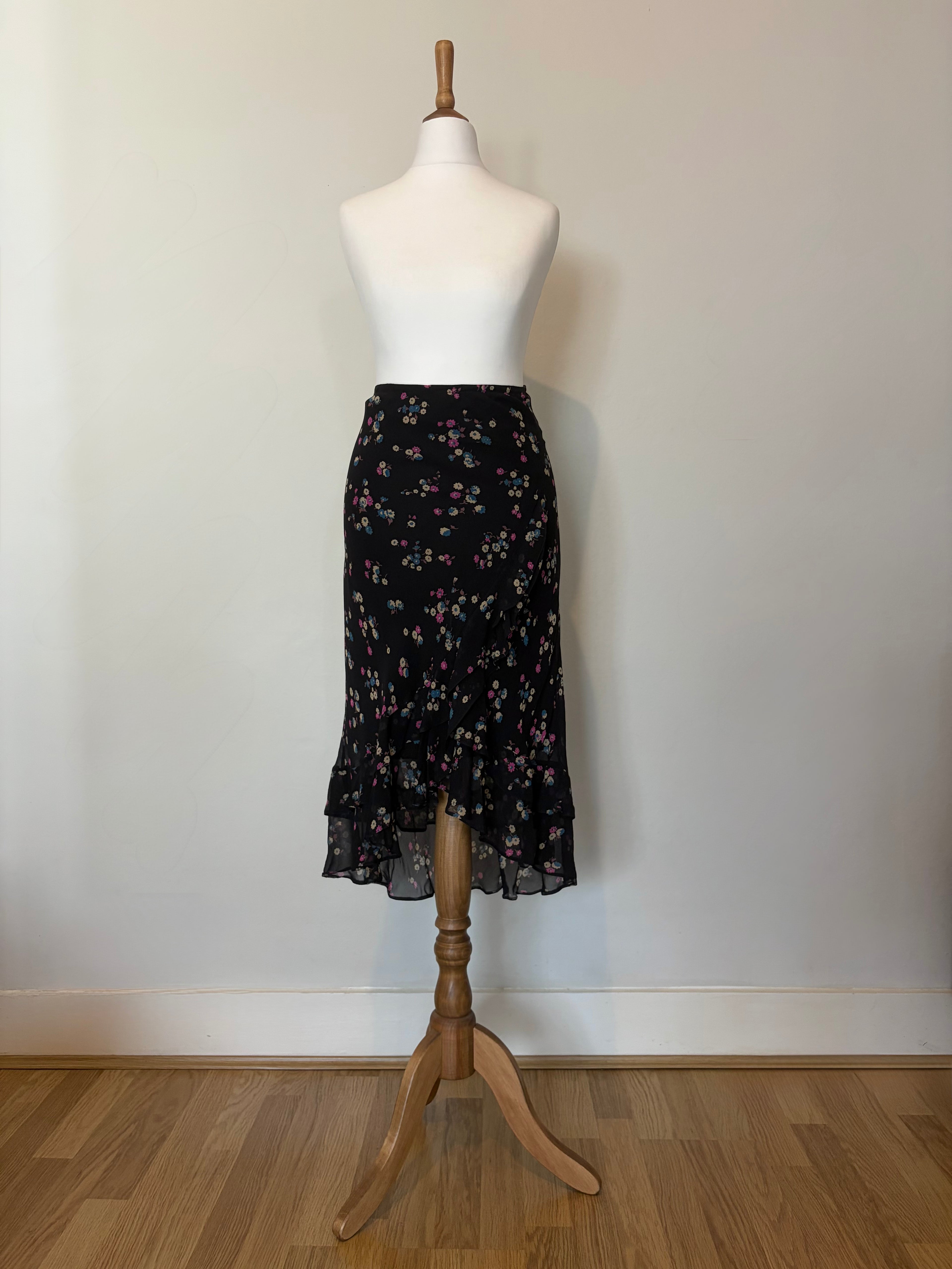 100% silk black floral skirt
