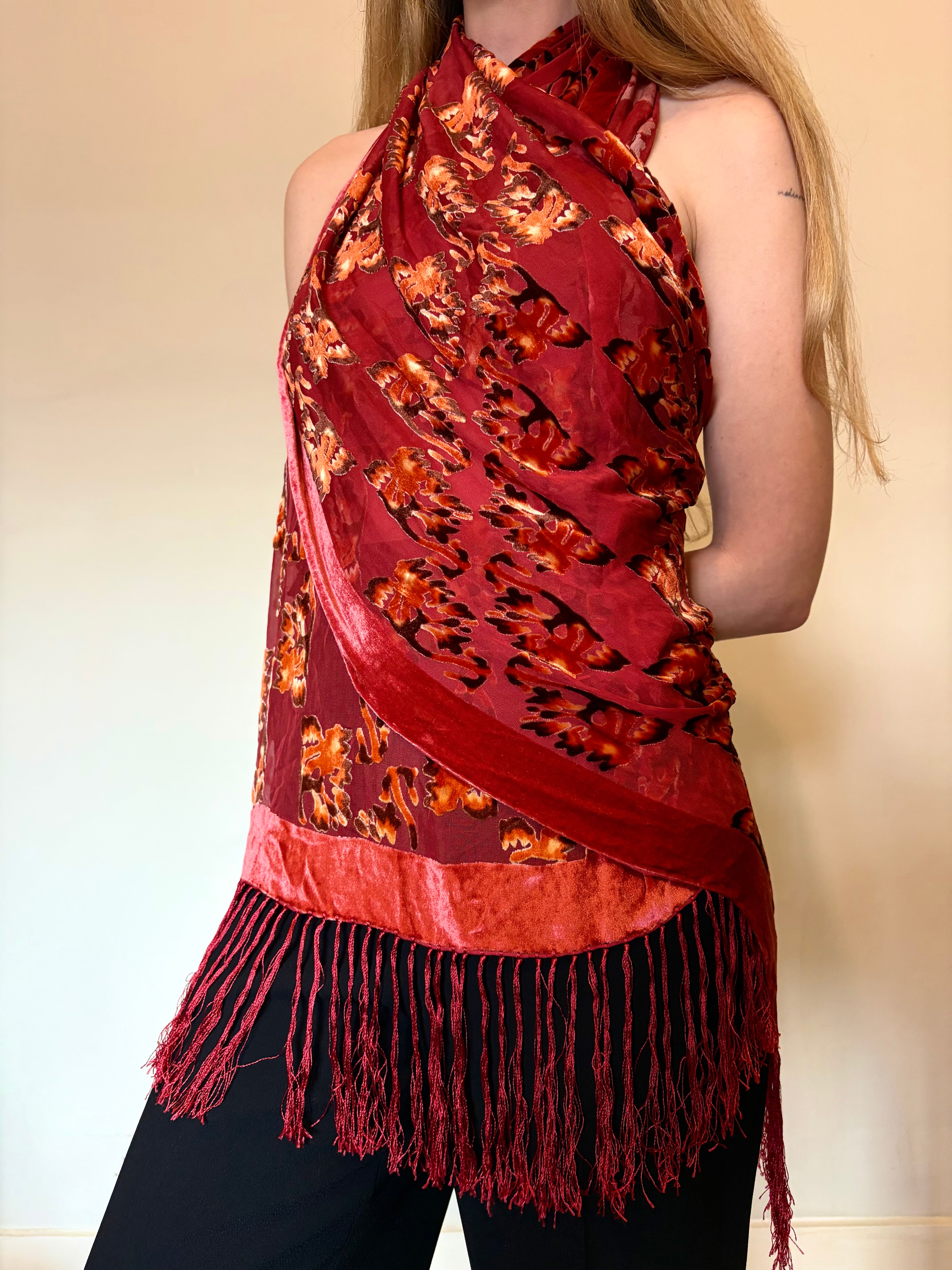 Silk-blend velvet fringe scarf