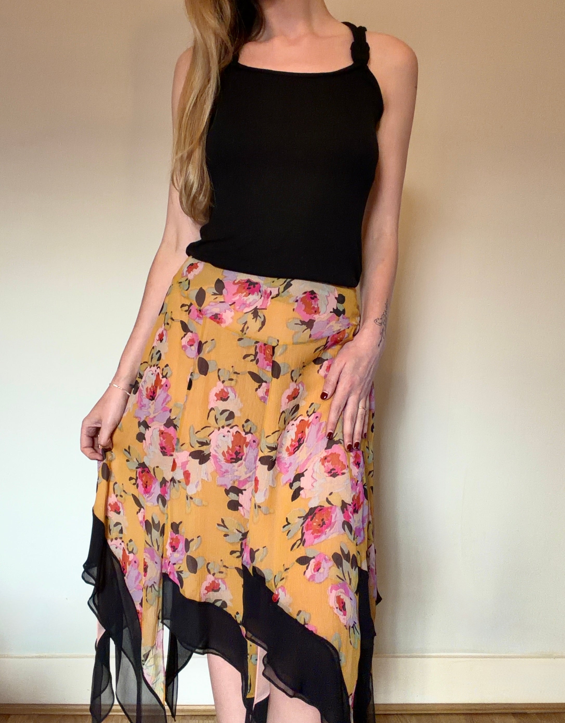 Floral midi skirt with asymmetric hem