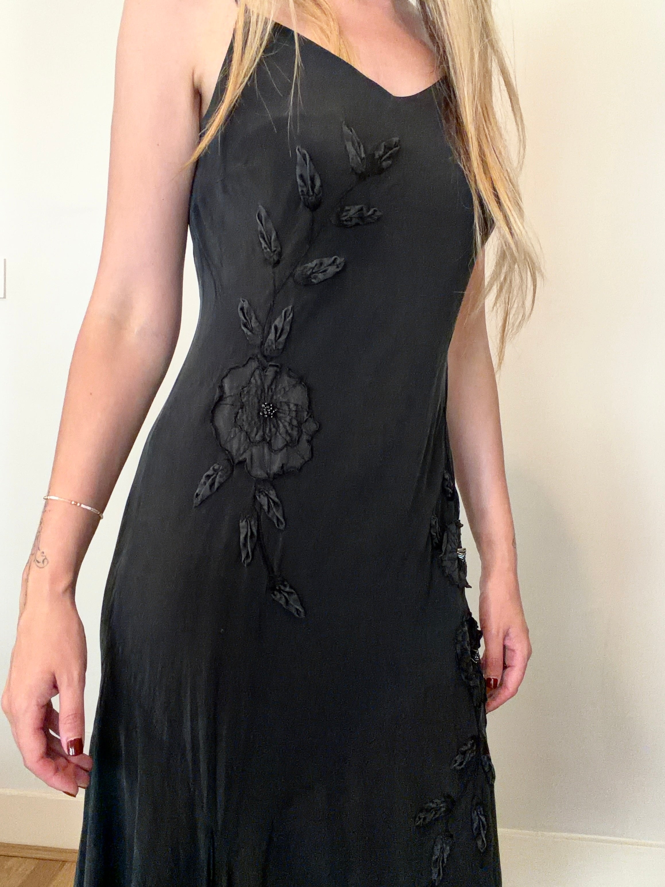 Cupro silk black cami dress with flowers