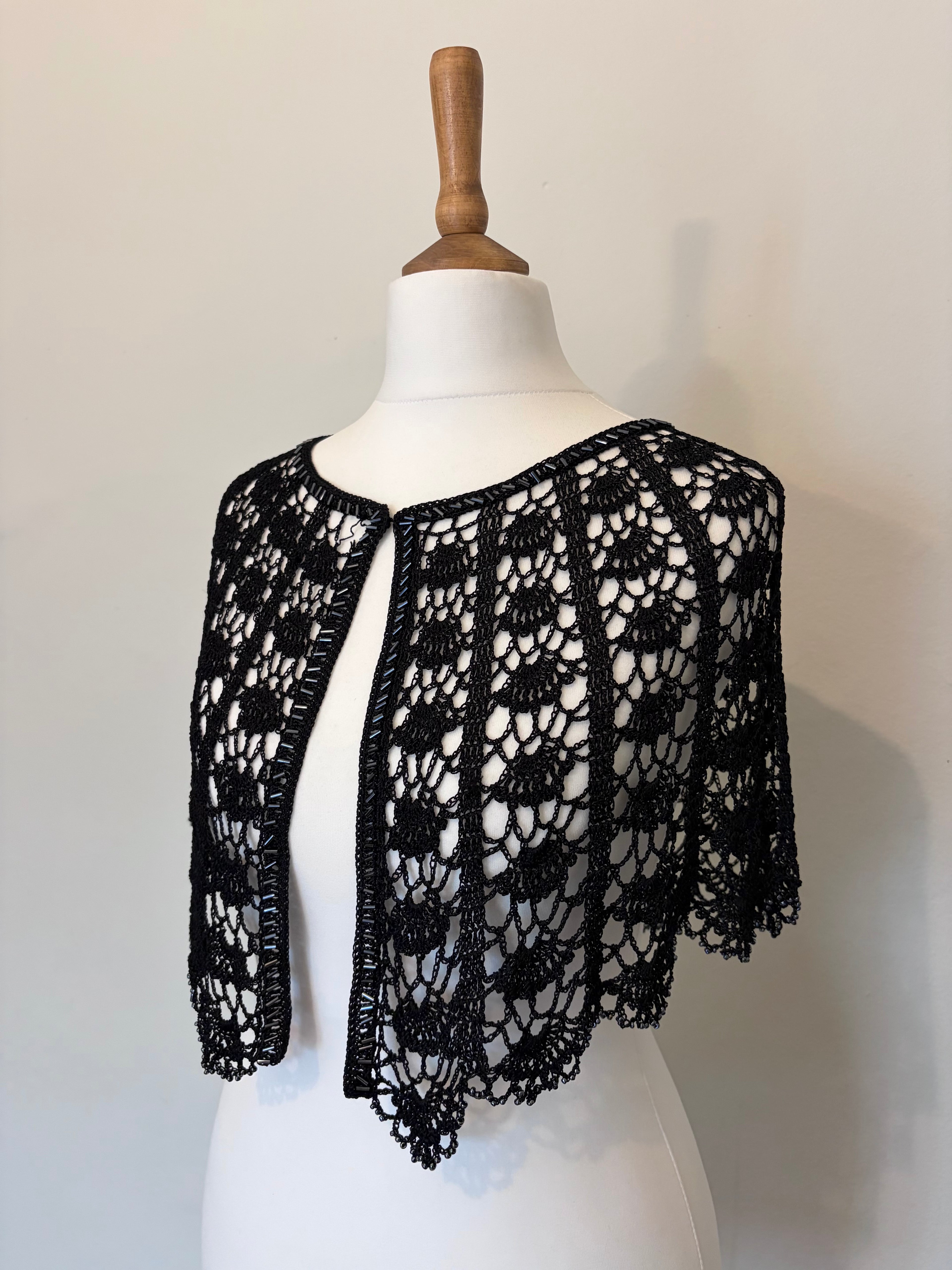 Vintage crochet beaded black cape