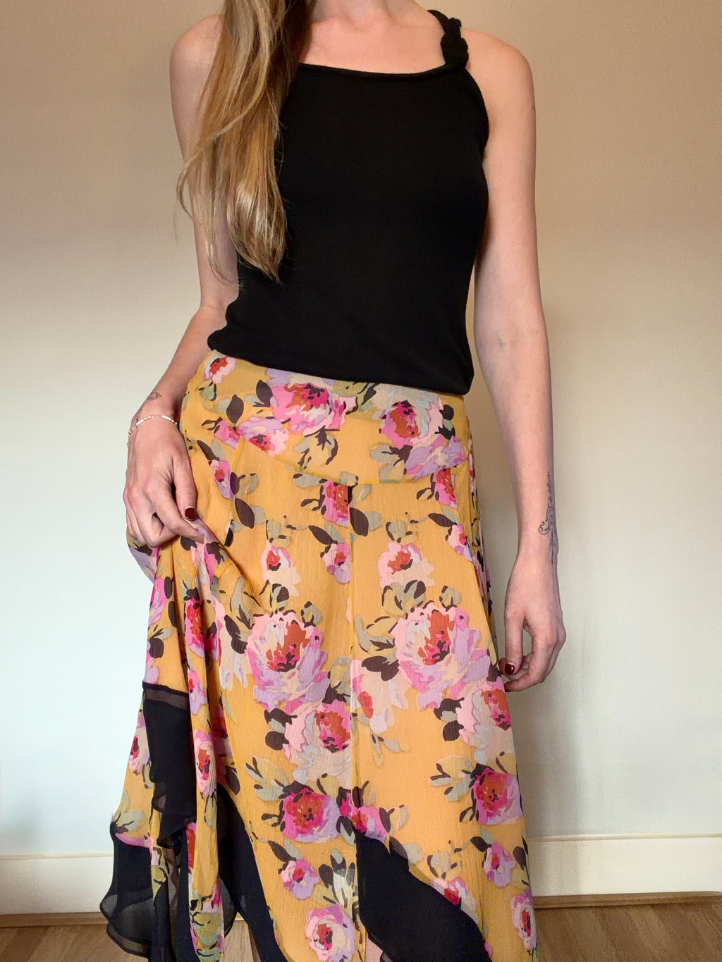 Floral midi skirt with asymmetric hem