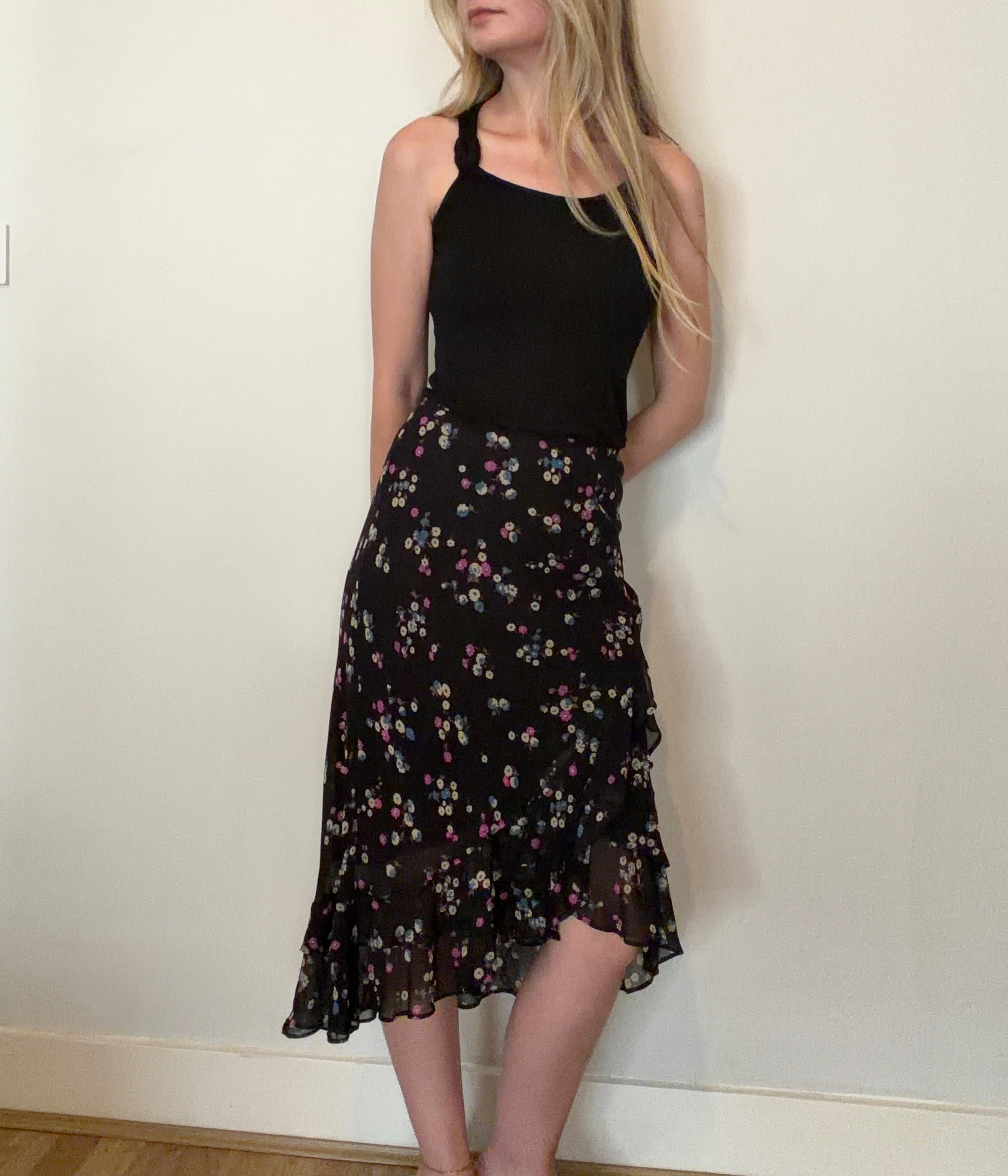 100% silk black floral skirt