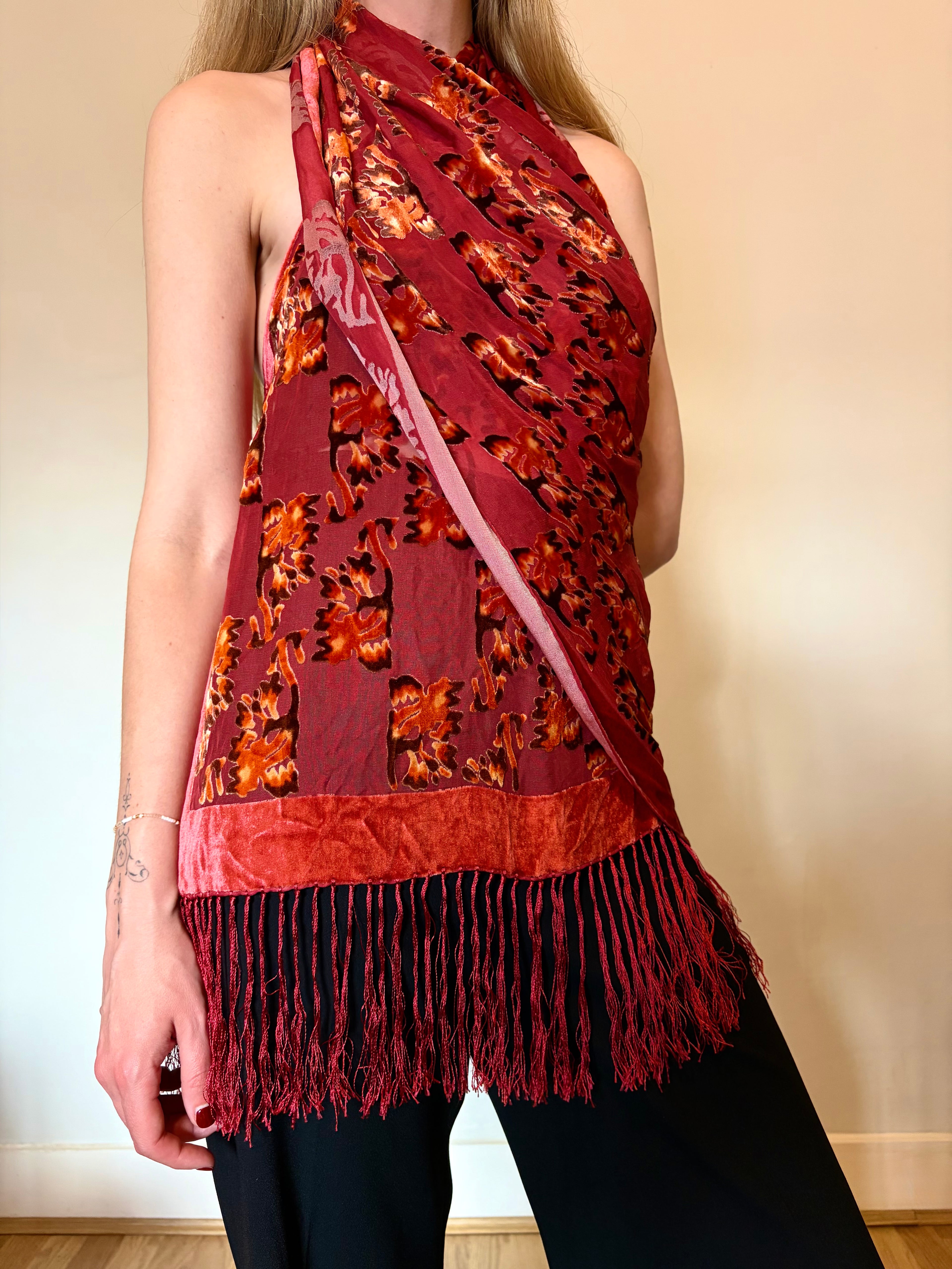 Silk-blend velvet fringe scarf
