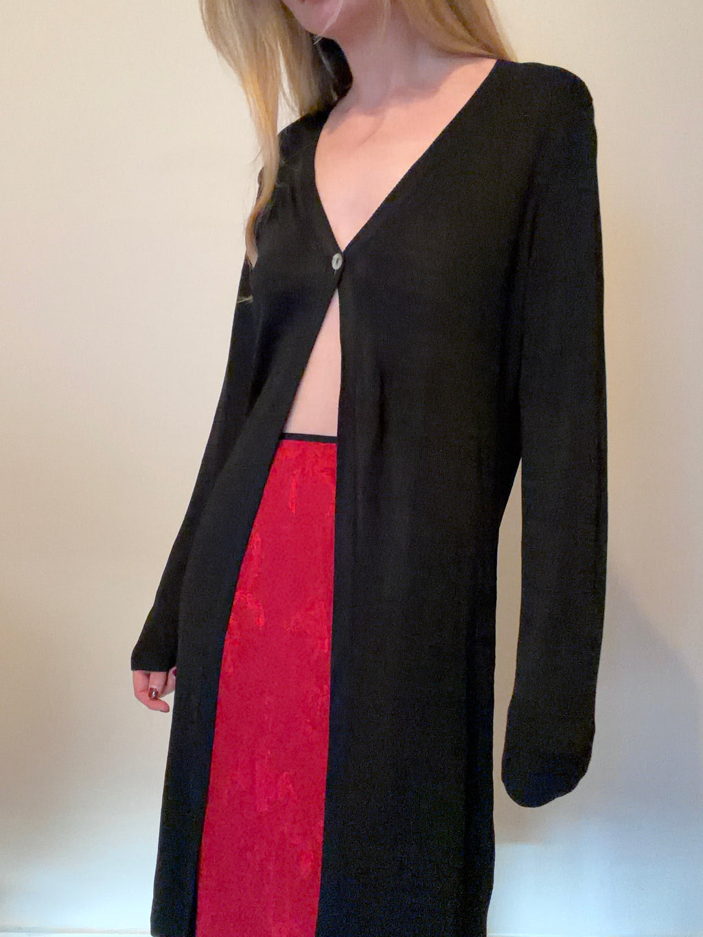 Black longline cardigan with pearl button