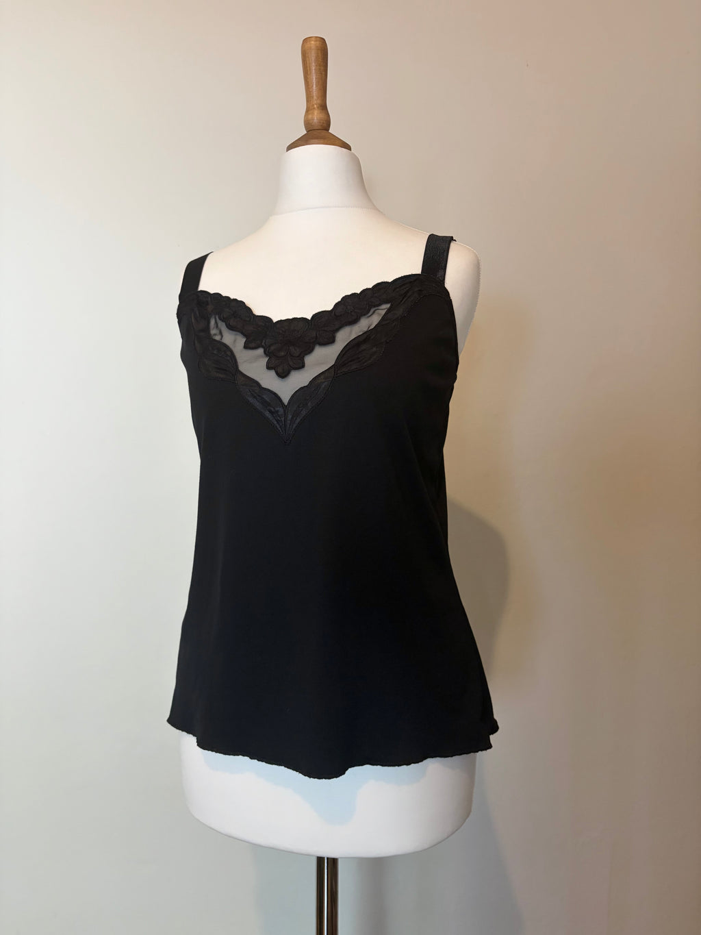 Black camisole top with sheer detail