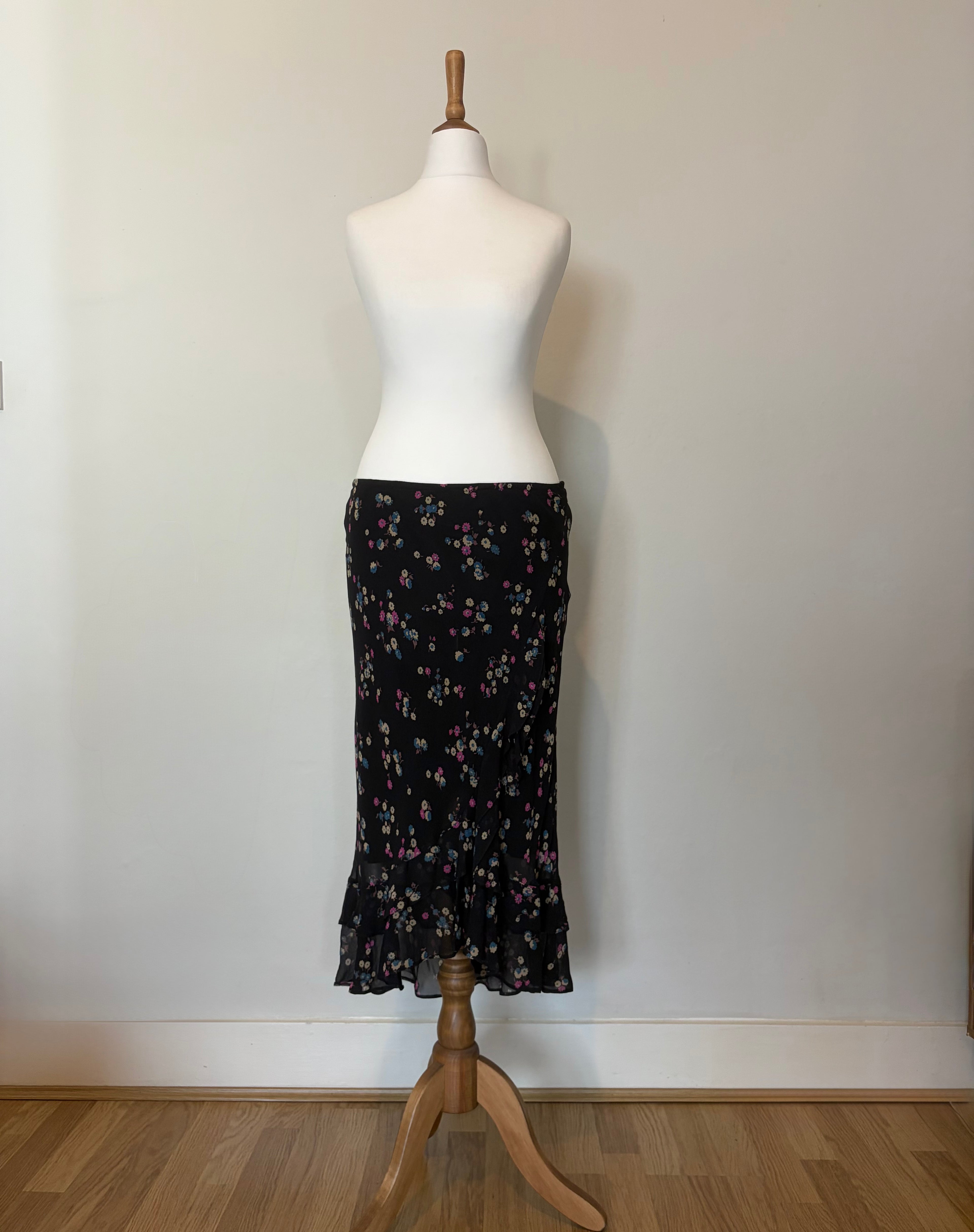 100% silk black floral skirt