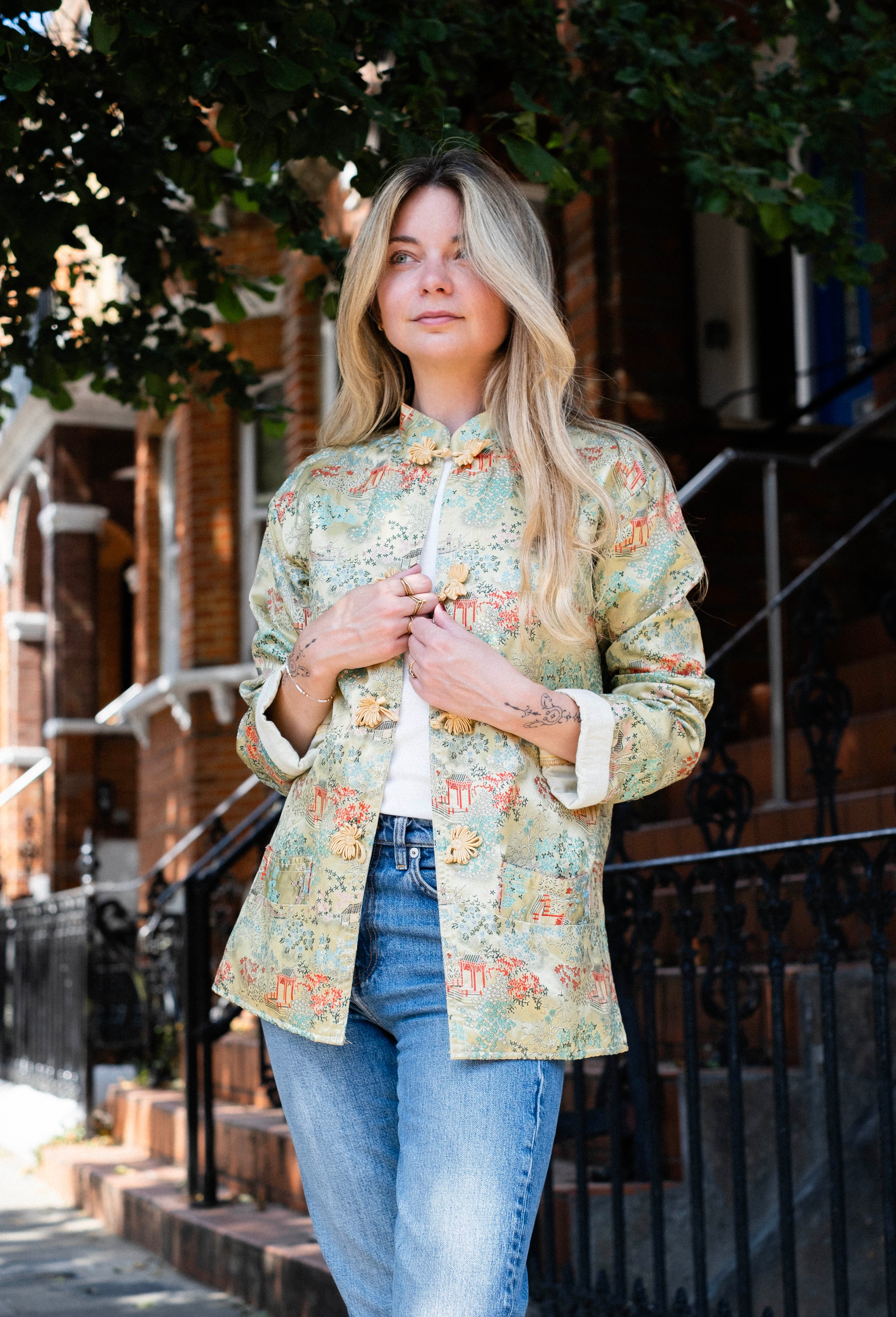 Oriental print jacket with frog closure