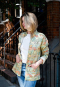 Oriental print jacket with frog closure