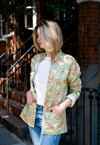 Oriental print jacket with frog closure