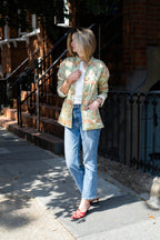 Oriental print jacket with frog closure