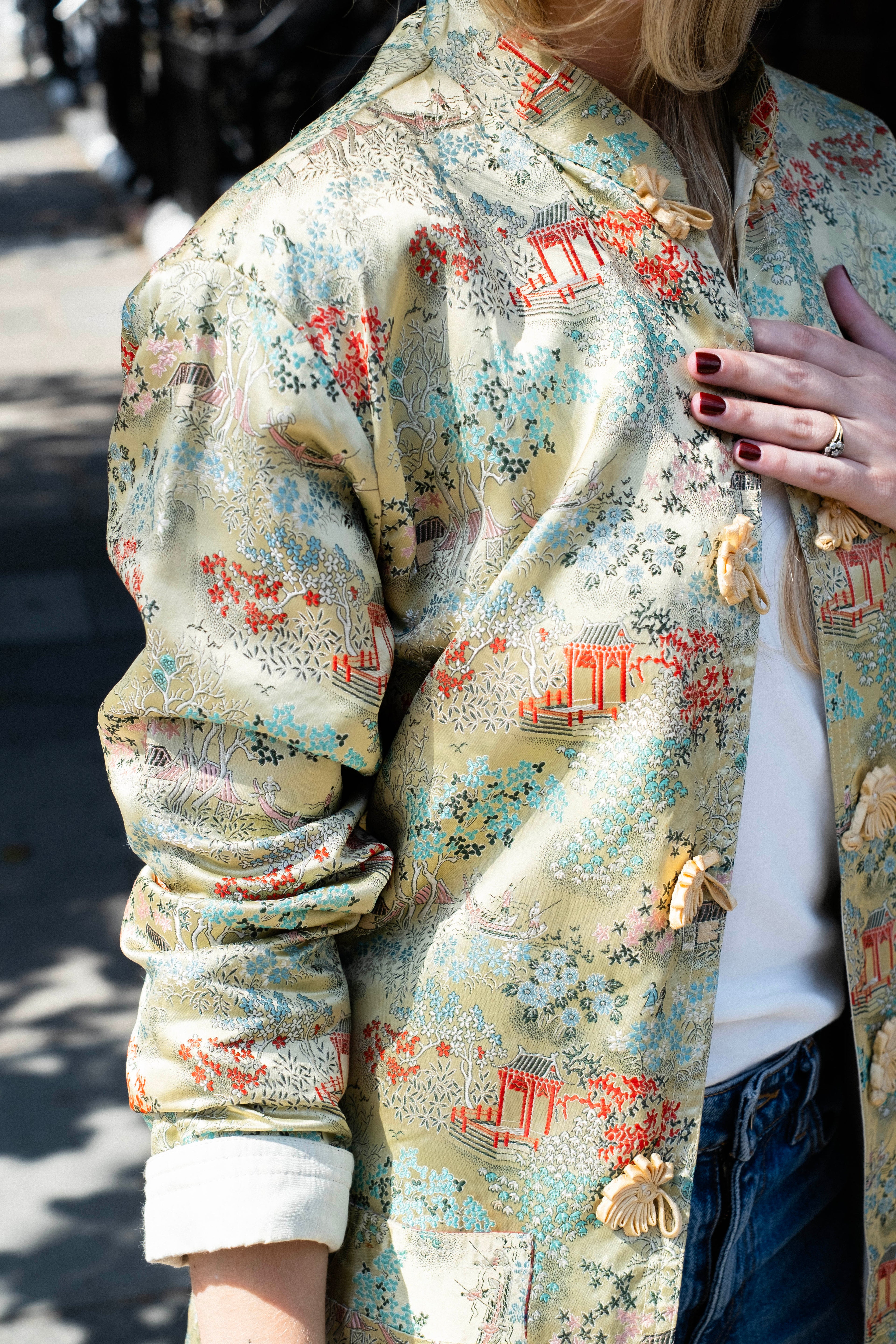 Oriental print jacket with frog closure