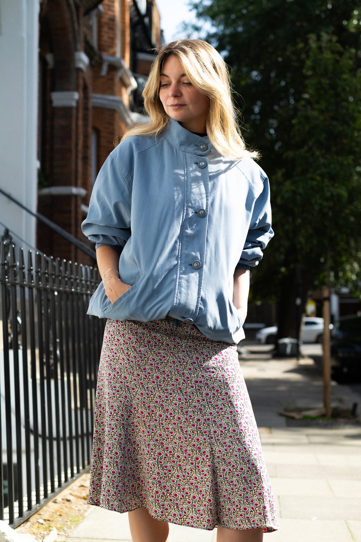 Blue funnel neck bomber jacket