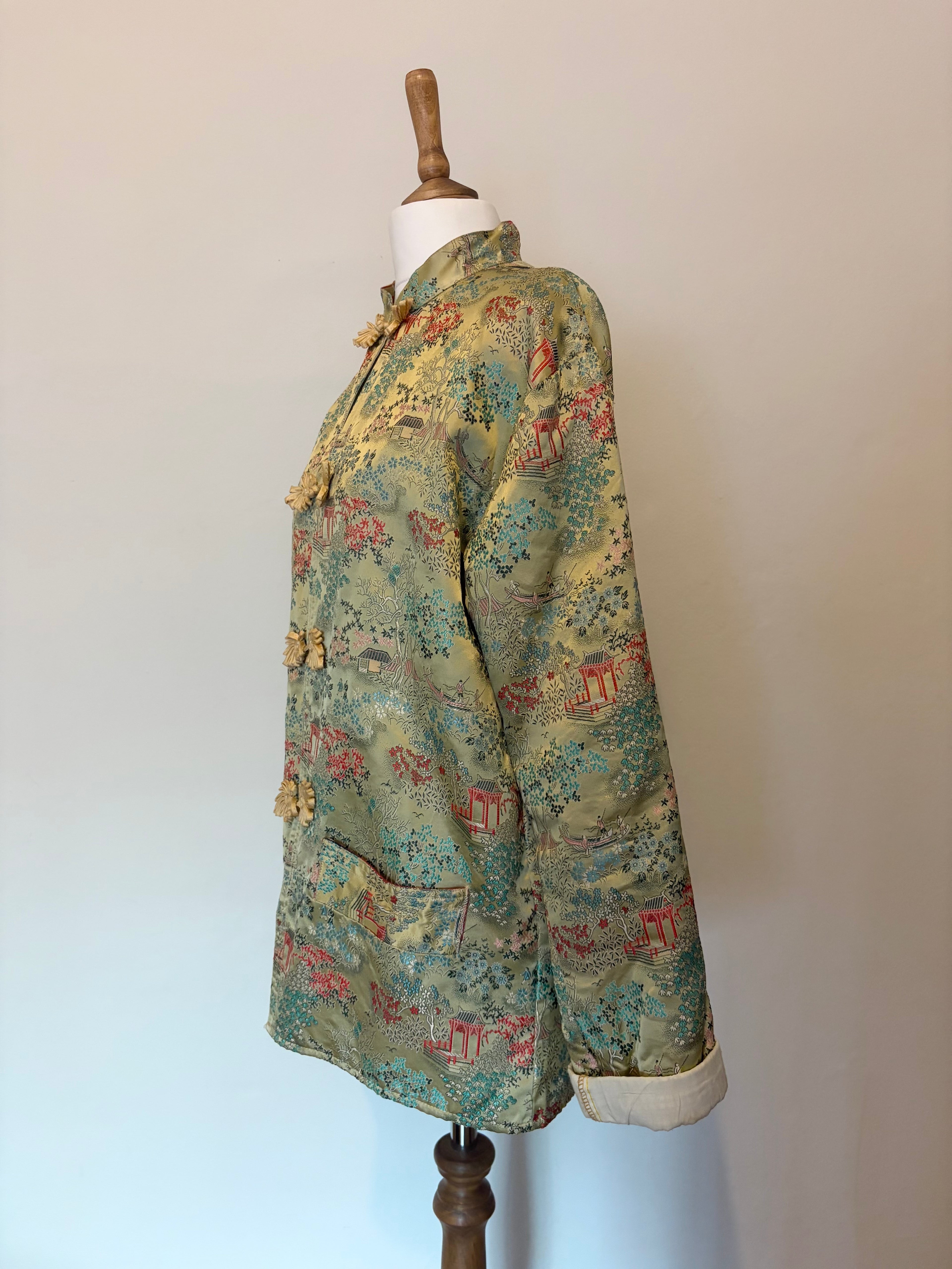 Oriental print jacket with frog closure