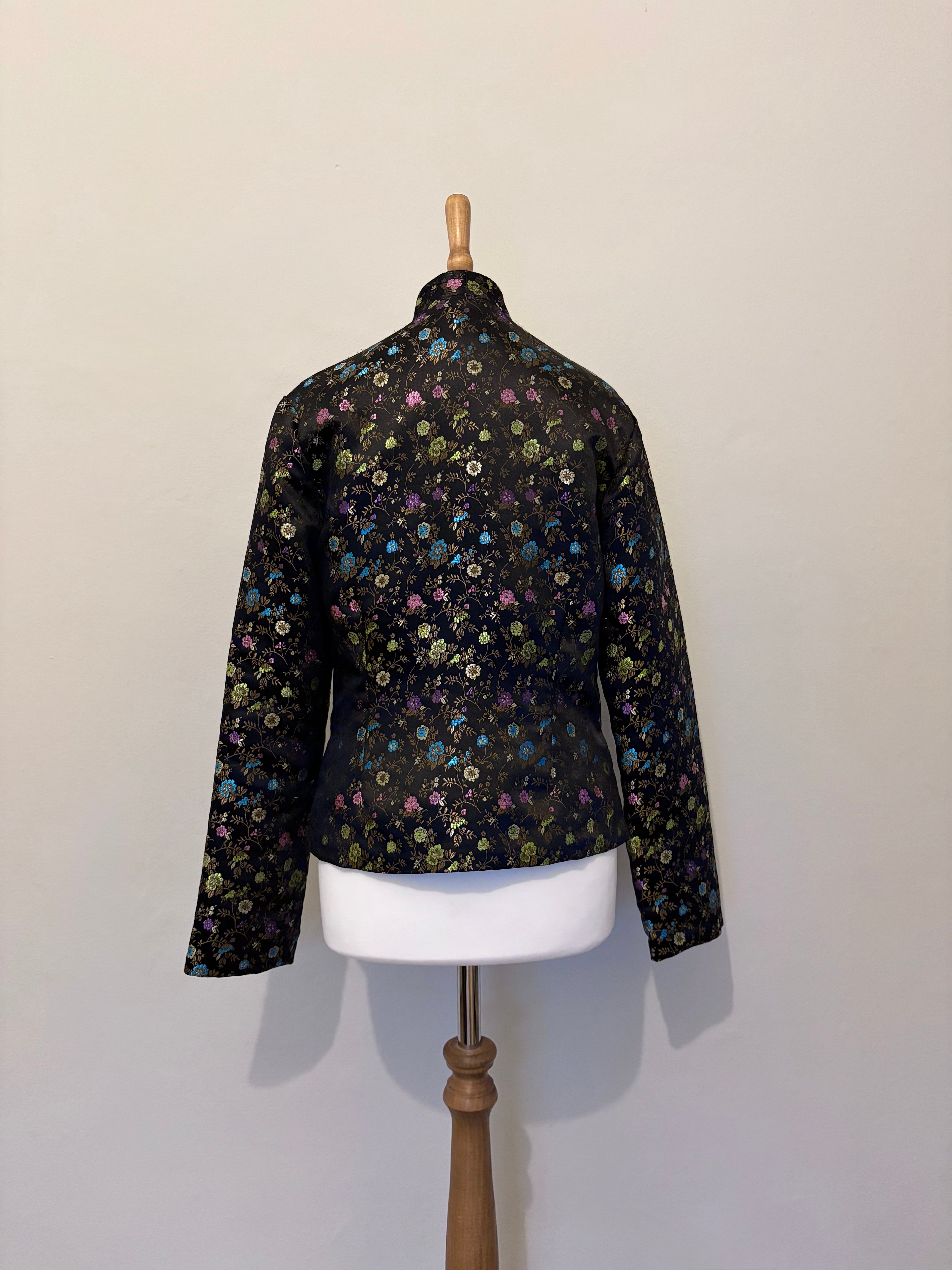 Floral print black jacket with button detail