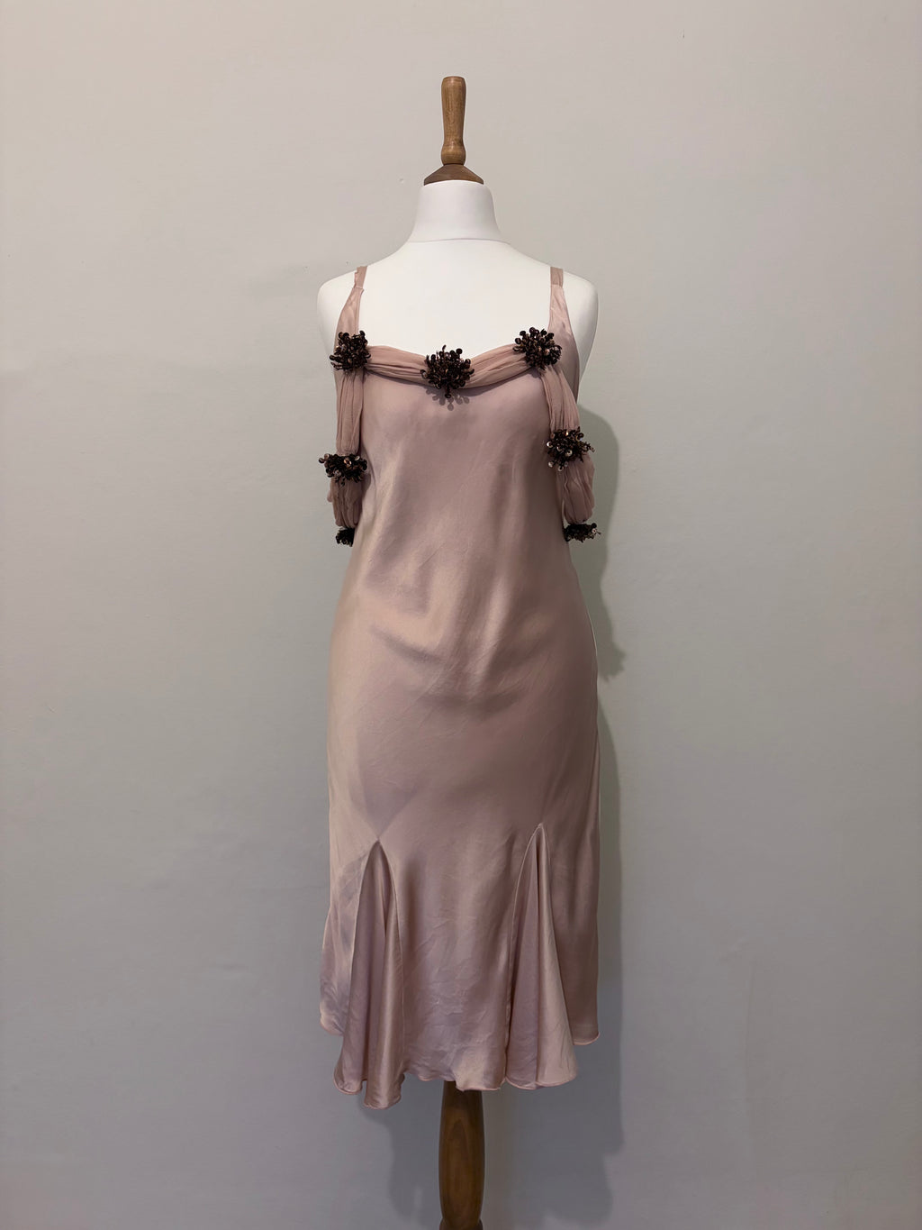 Blush satin dress with sequin flowers