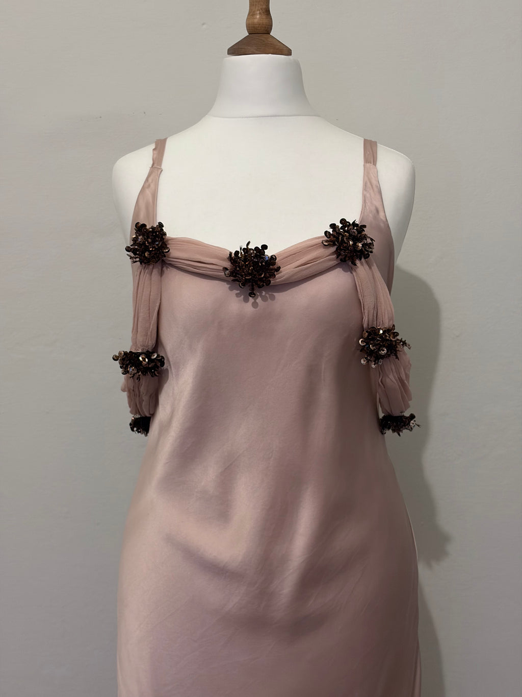 Blush satin dress with sequin flowers