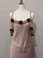 Blush satin dress with sequin flowers