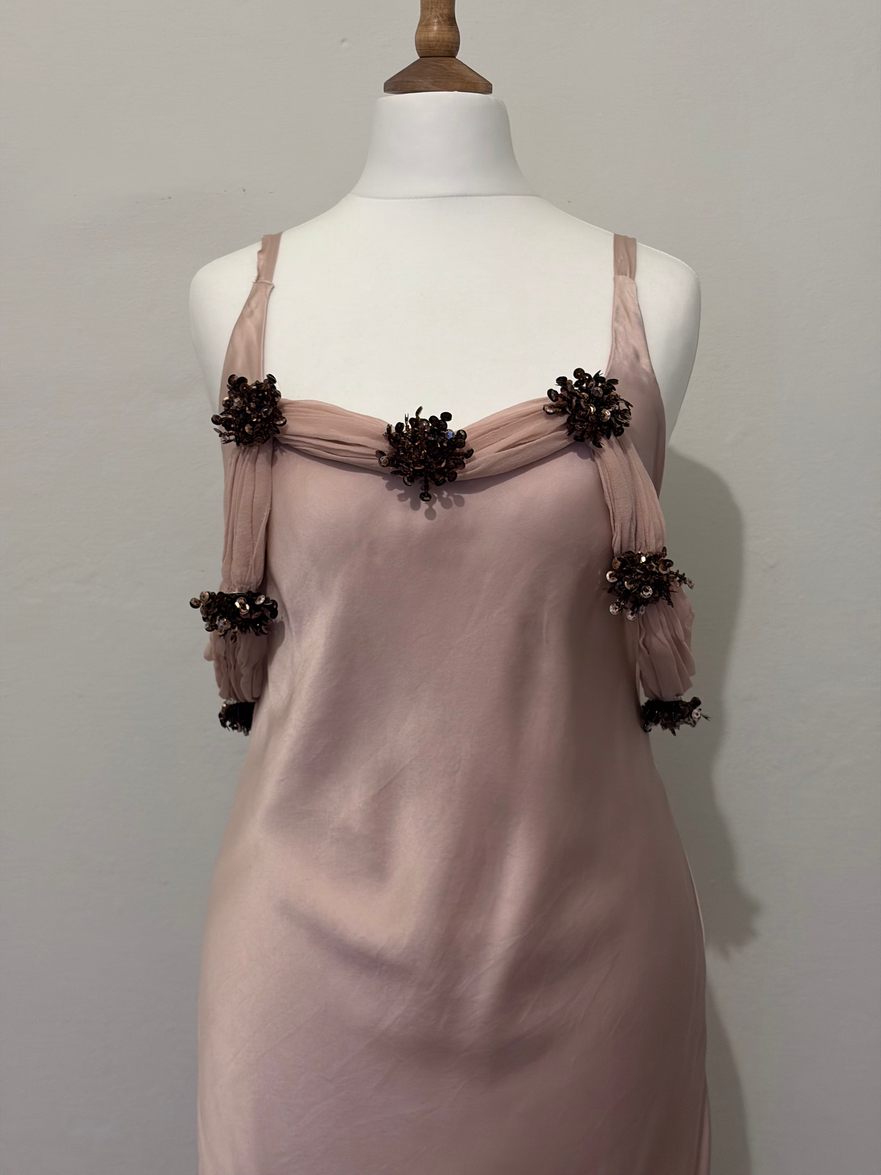 Blush satin dress with sequin flowers
