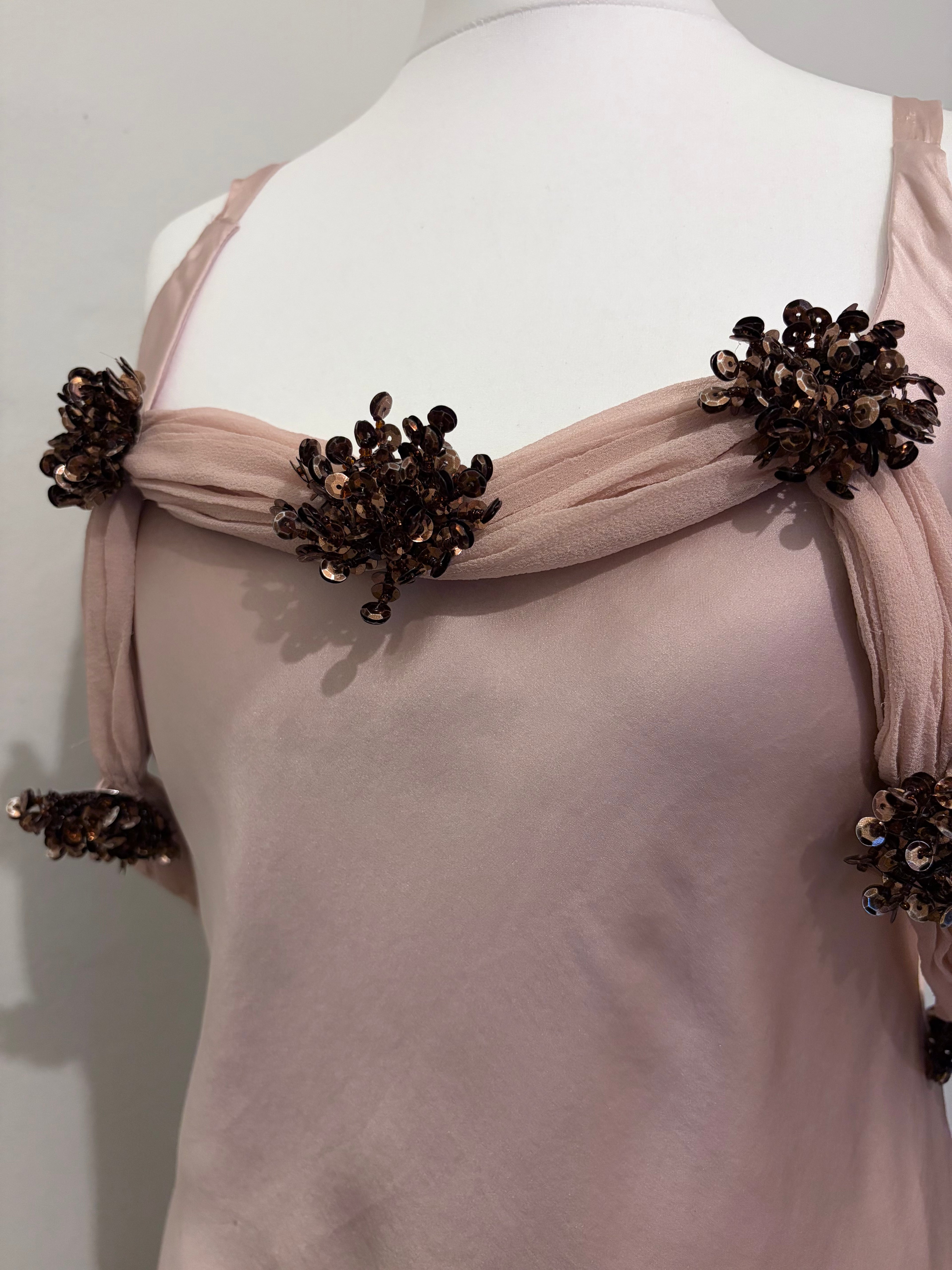Blush satin dress with sequin flowers