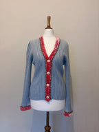 Blue cardigan with velvet and flower trim