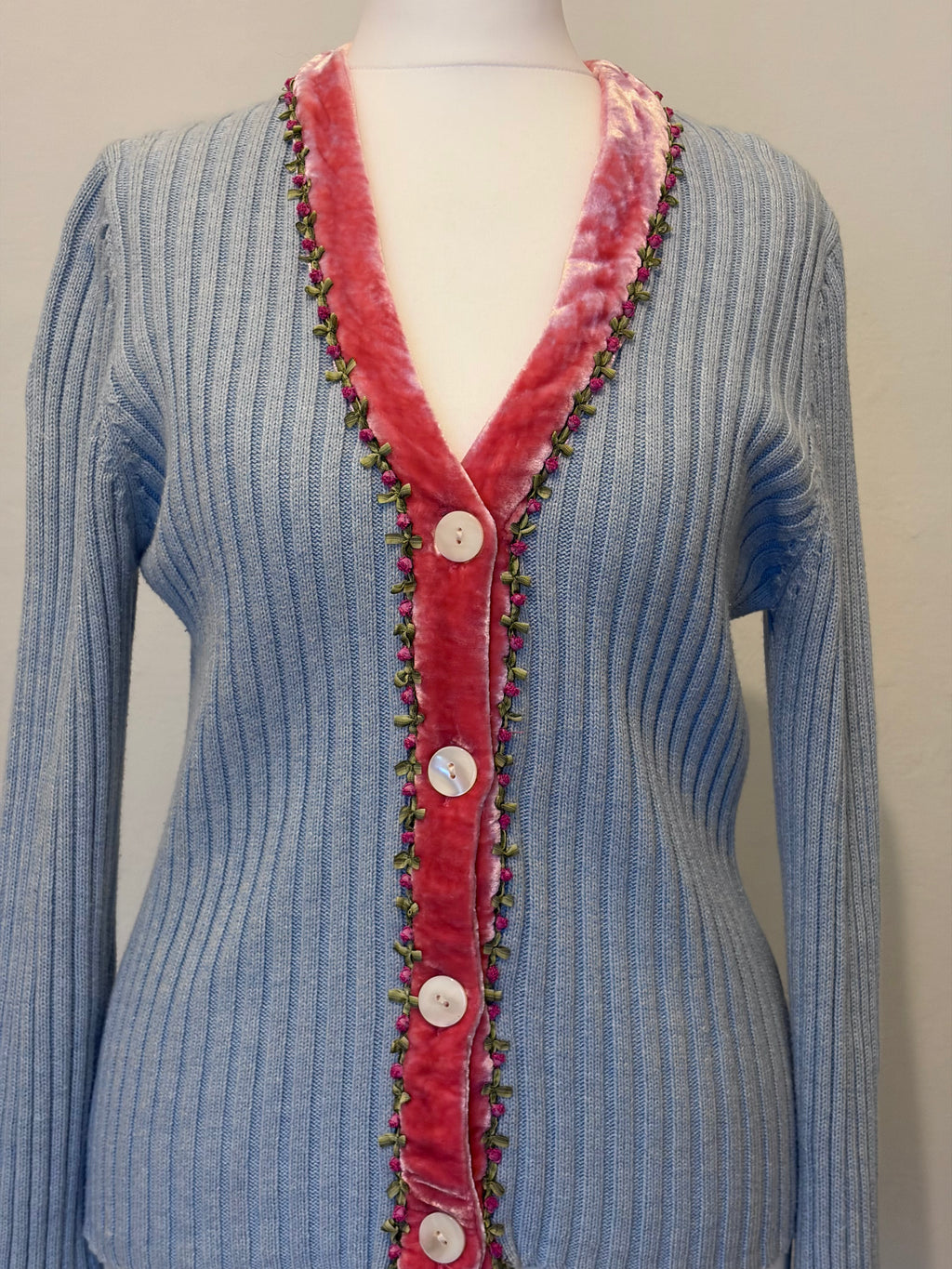 Blue cardigan with velvet and flower trim