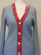 Blue cardigan with velvet and flower trim