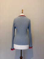 Blue cardigan with velvet and flower trim