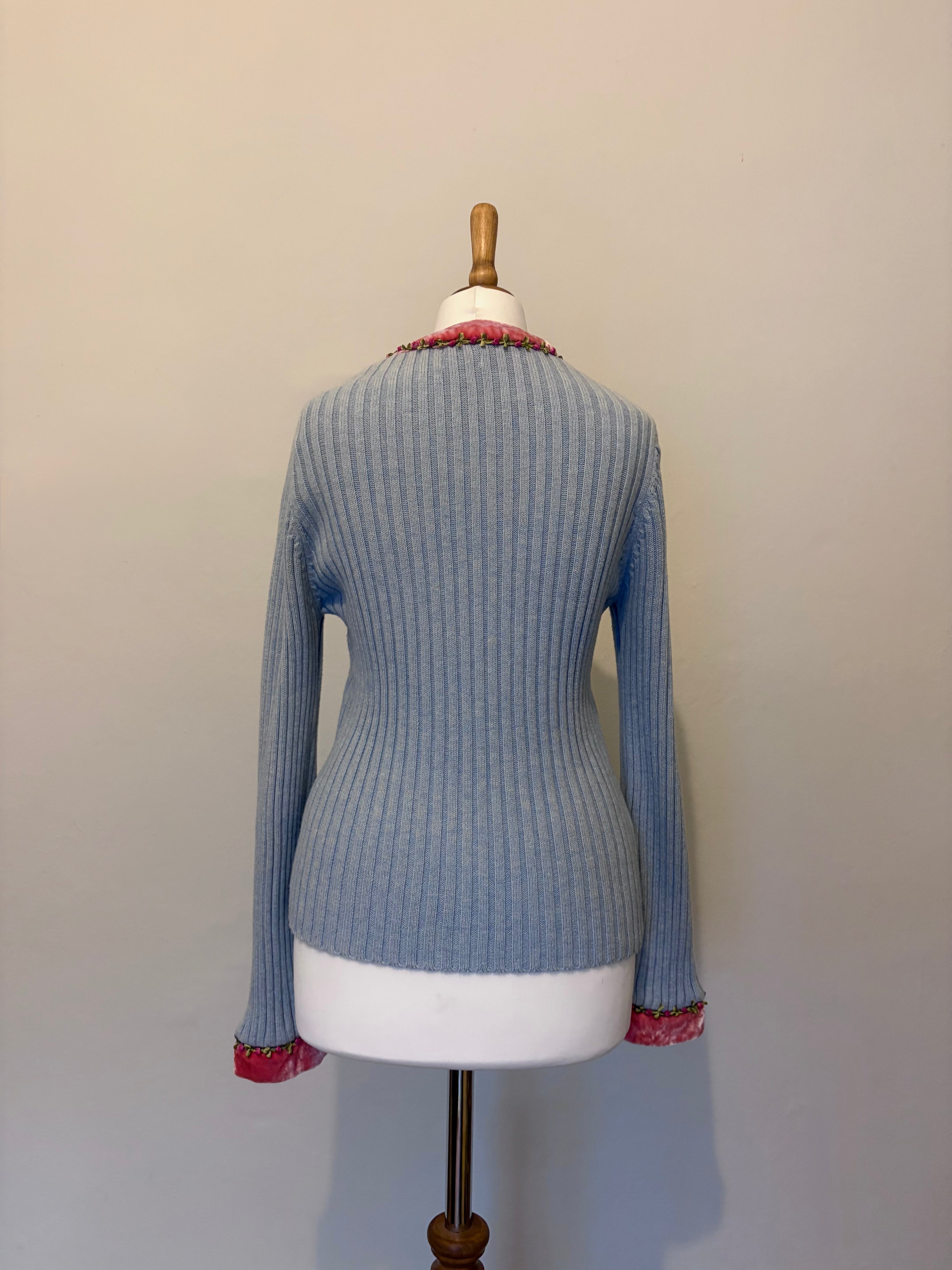 Blue cardigan with velvet and flower trim