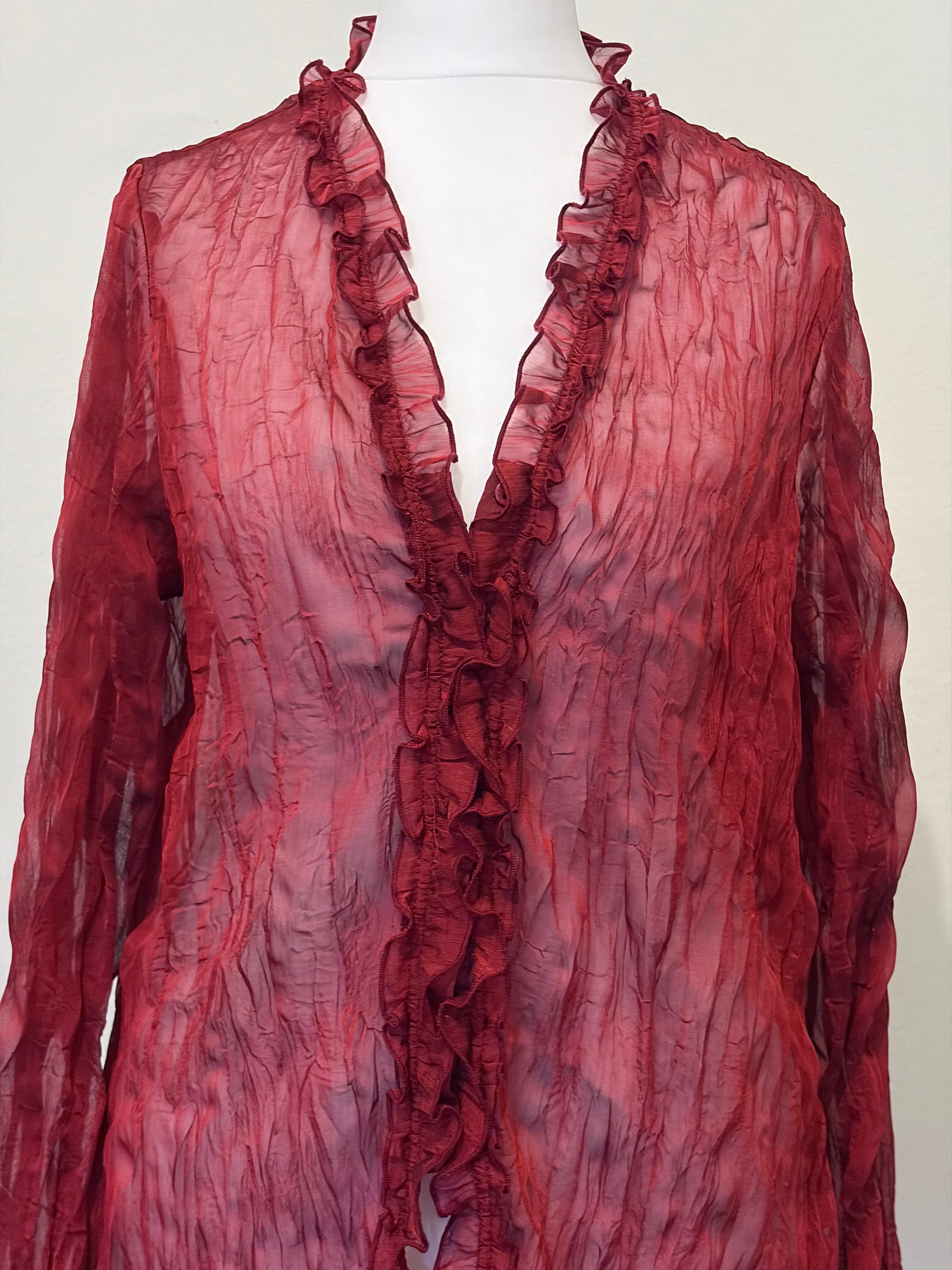Red sheer top with ruffle detailing