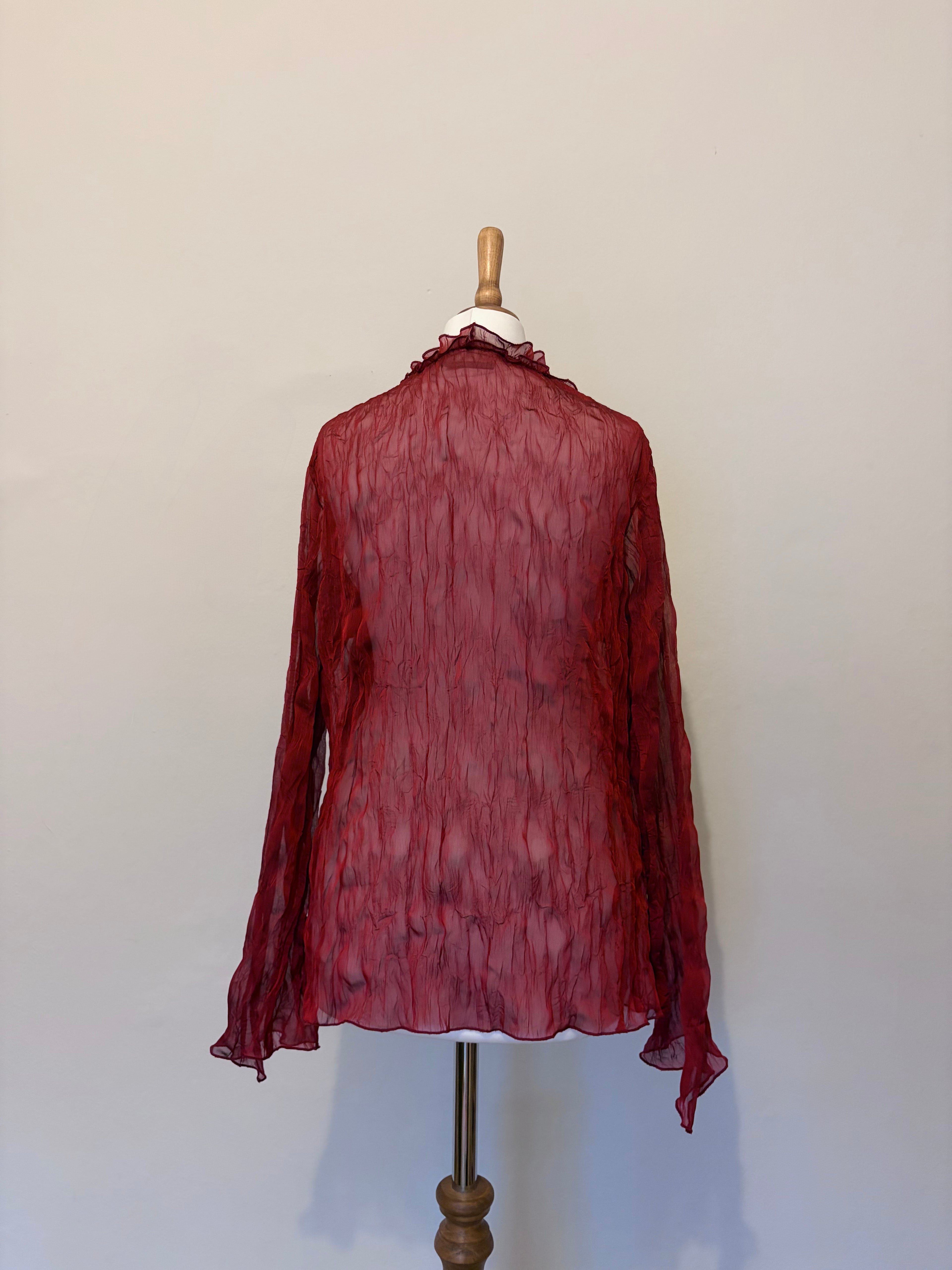 Red sheer top with ruffle detailing