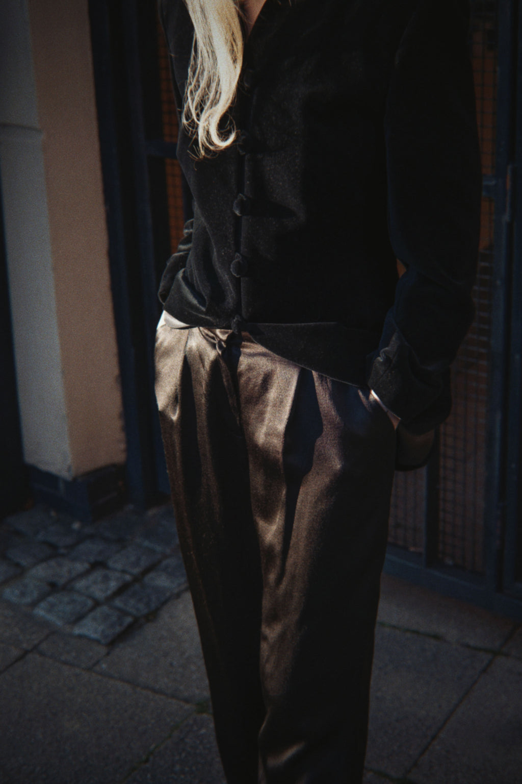 Black velvet jacket with covered buttons