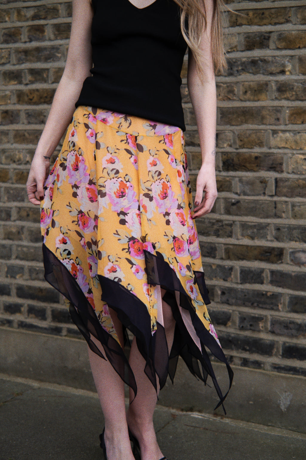 Floral midi skirt with asymmetric hem