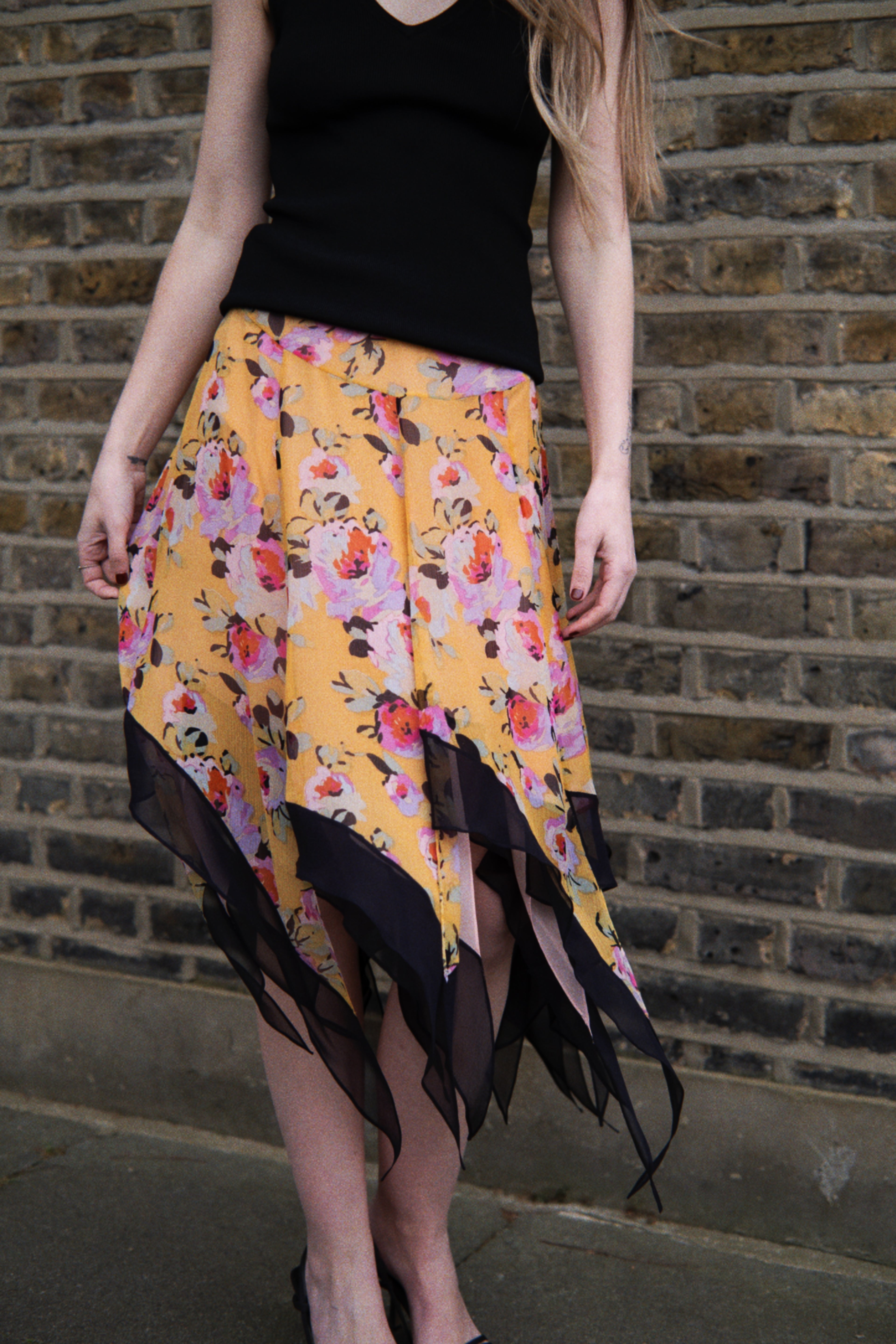 Floral midi skirt with asymmetric hem