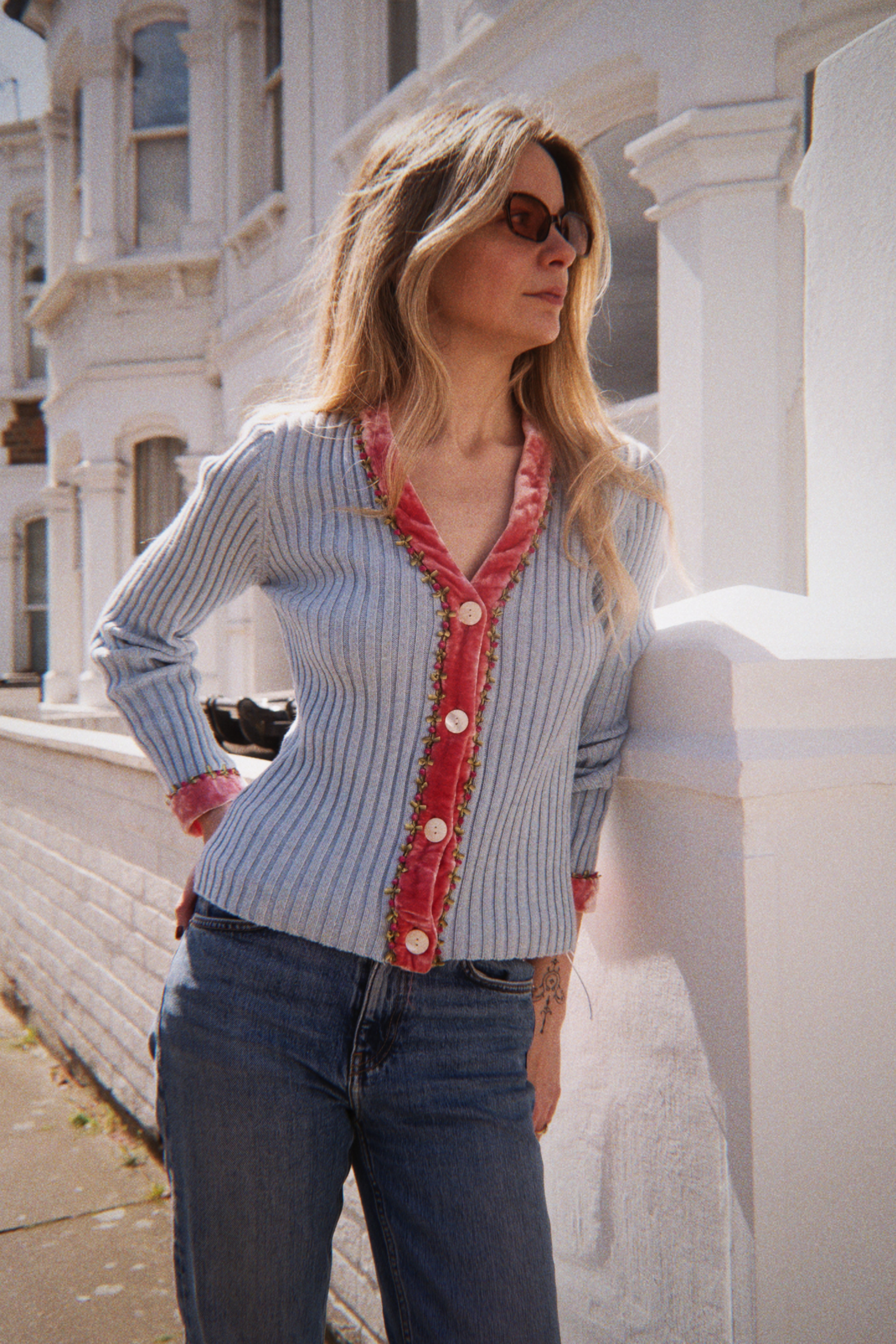 Blue cardigan with velvet and flower trim