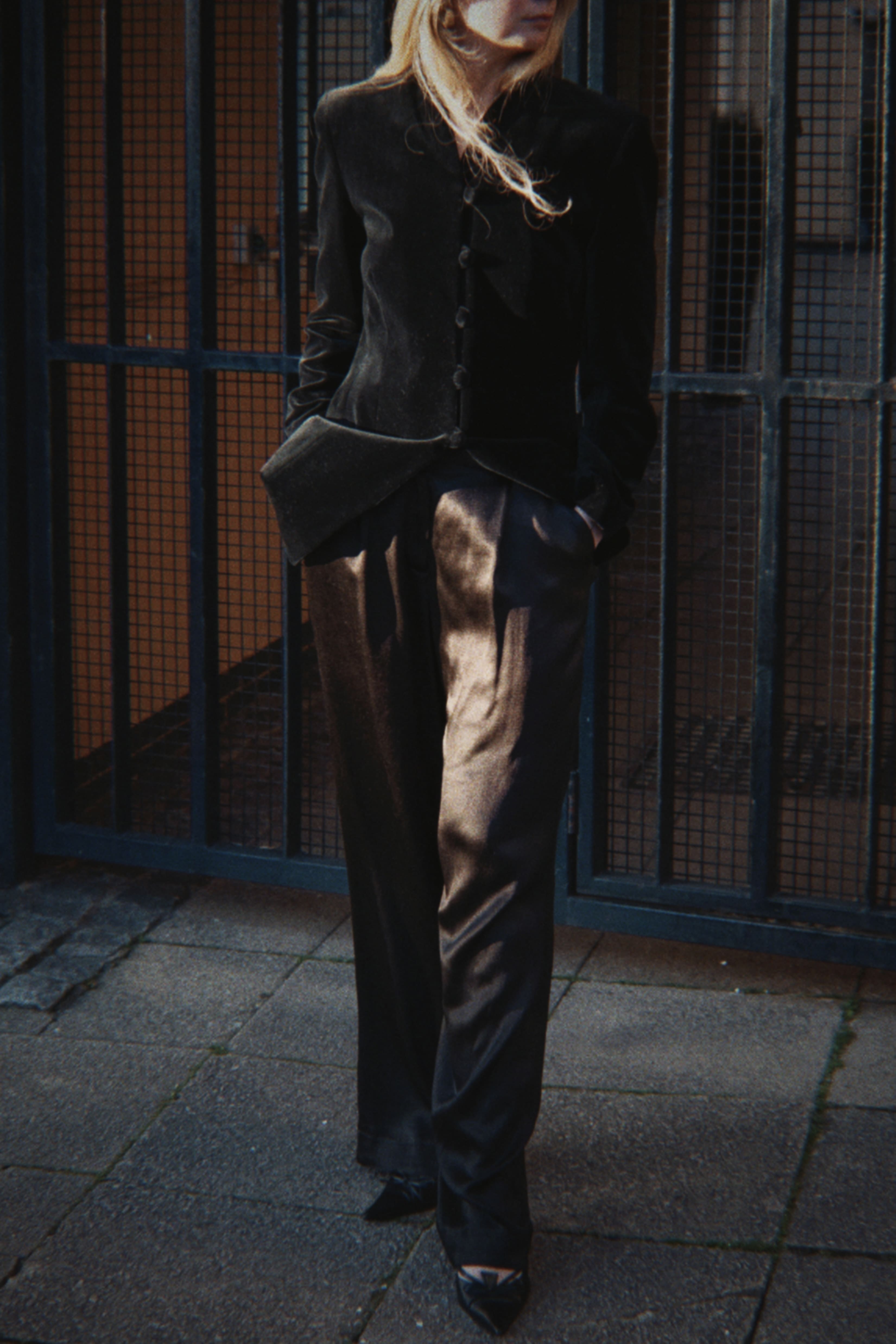 Black velvet jacket with covered buttons