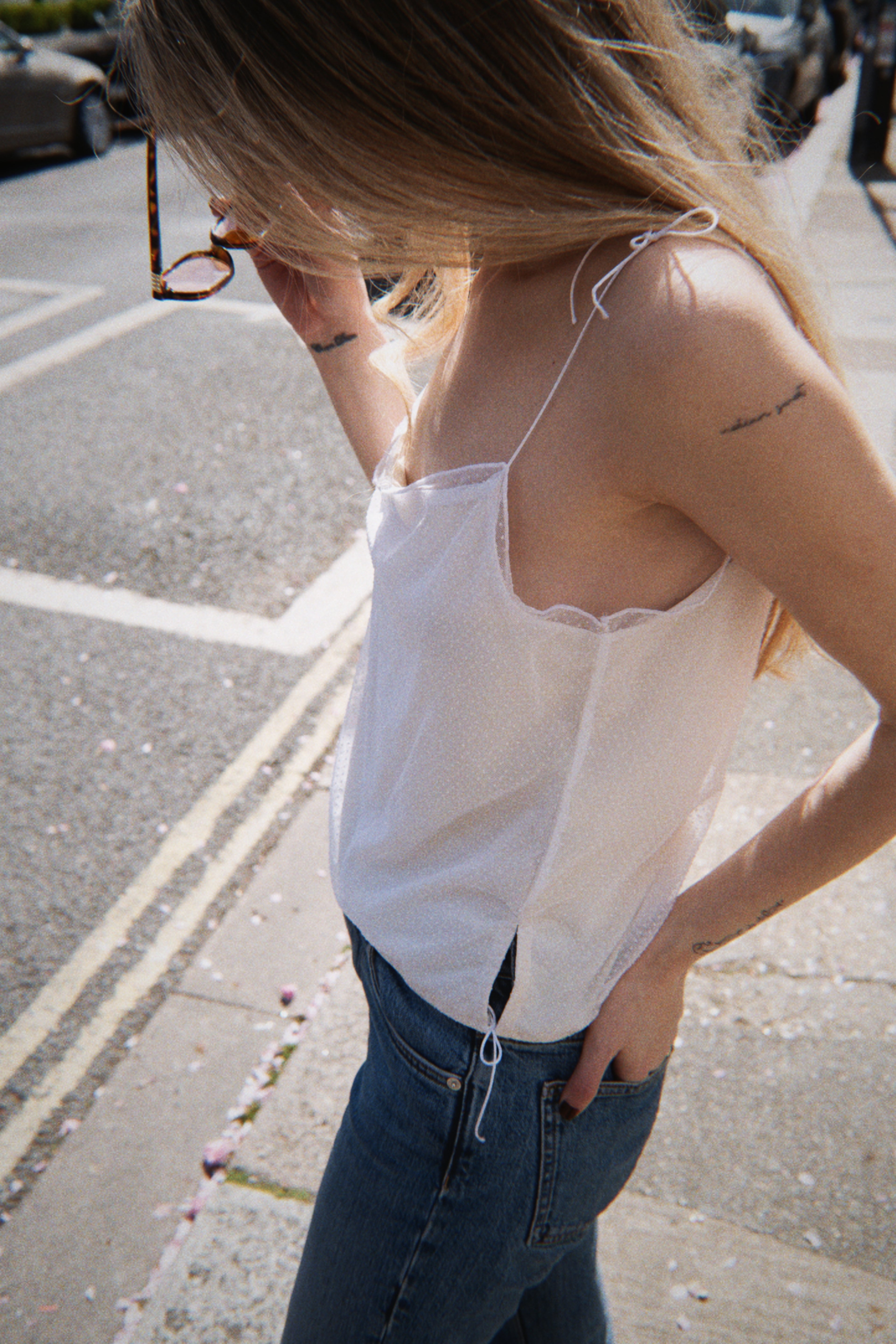 White polka dot tie top